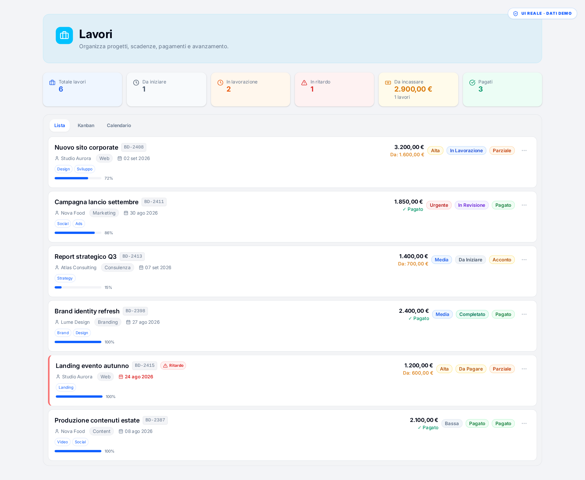 Interfaccia reale BOOMDesk — jobs-list